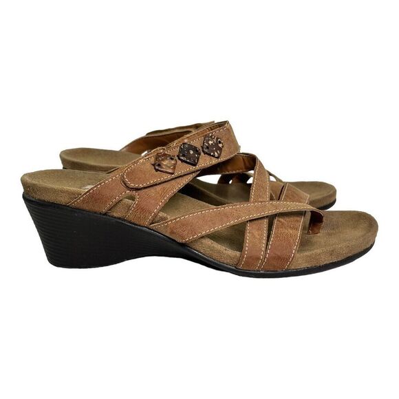 Nicole Albany Woman’s Size 8.5 Strappy Thong Slip On Wedge Sandals Brown Shell - Picture 3 of 13